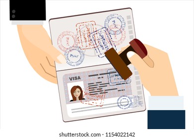 Visa Stamp Passport. Hand puts a stamp in the passport with a mark approved. travel document. vector illustration in flat design.