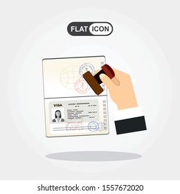 Visa Stamp Passport. Hand puts a stamp in the passport with a mark approved. travel document. vector illustration in flat design.