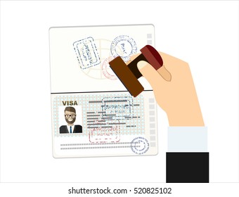 Visa Stamp Passport. Hand puts a stamp in the passport with a mark approved. travel document. vector illustration in flat design.