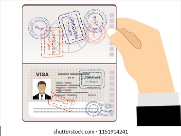 Visa Stamp Passport. Men hold travel identification document. Flat vector illustration.