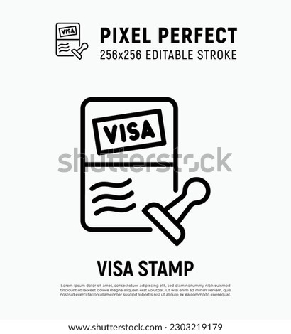 Visa stamp in passport thin line icon. Immigration, tourism. Editable stroke. Vector illustration.