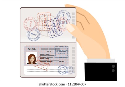 Visa Stamp Passport. Women hold travel identification document. Flat vector illustration.