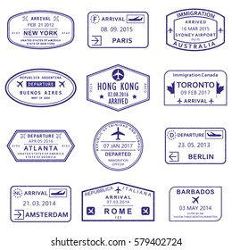 Visa stamp set. Arrival and Departure stamps from passport. Vector illustration.