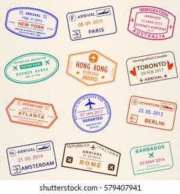 Visa stamp set. Arrival and Departure stamps from passport. International travel symbols. Vector illustration.