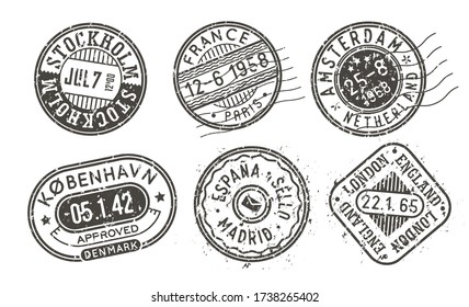 Visa stamps set, retro postal stamps. International passport prints collection. Isolated black and white post office vector signs.