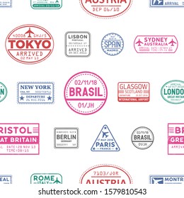 Visa stamps vector seamless pattern. Lisbon, Tokyo, Glasgow, Brasil, Sydney, New York colorful stamps texture. Visited countries, travelling backdrop. Wallpaper, wrapping paper design idea.