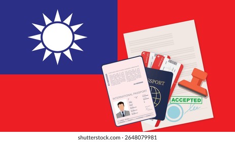 Visto para Taiwan e Passaporte. Vetor de Fundo da Bandeira da República da China