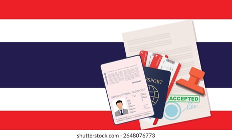 Visto para a Tailândia e Passaporte. Vetor de Fundo de Sinalizador Tailandês