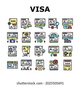 Visa For Traveling Collection Icons Set Vector. Business And Transit Visa, Permitting Document For Business Trip And Vacation, Political And Marriage Line Pictograms. Contour Color Illustrations