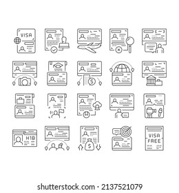 Visa For Traveling Collection Icons Set Vector. Business And Transit Visa, Permitting Document For Business Trip And Vacation, Political And Marriage Black Contour Illustrations