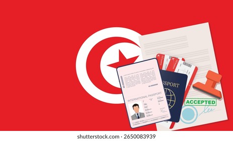 Visto para a Tunísia e Passaporte. Vetor de Fundo da Bandeira da Tunísia