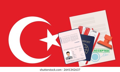 Visa to Turkey and Passport. Turkish Flag Background Vector