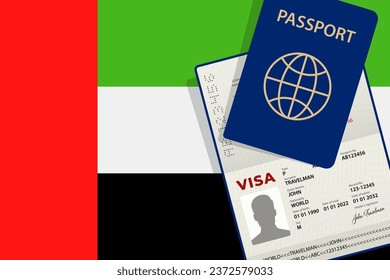 Visa to United Arab Emirates and Passport. UAE Flag Background. Vector