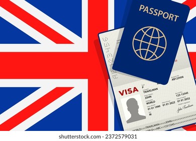 Visa to United Kingdom and Passport. British Flag Background. Vector