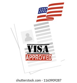 Visa to the USA approved stamp. Success of American visa non immigration. Concept of study travel live in America, services of lawyers travel agencies. Documents with us national flag symbol and text