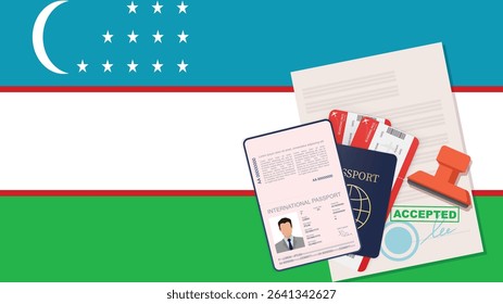 Visa to Uzbekistan and Passport. Uzbek Flag Background Vector