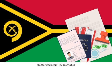 Visto para Vanuatu e Passaporte. Vetor de Fundo da Bandeira de Vanuatu