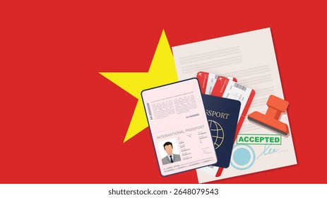 Visa para o Vietnã e Passaporte. Vetor de Fundo da Bandeira do Vietnã