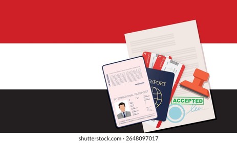 Visto para o Iêmen e Passaporte. Vetor de Plano de Fundo da Bandeira do Iêmen