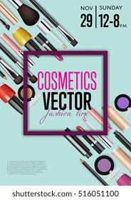 Visage and cosmetics. Vector invitation flyer for master-class, new makeup product presentation, beauty and fashion entertainment. Decorative cosmetics item seamless pattern illustration
