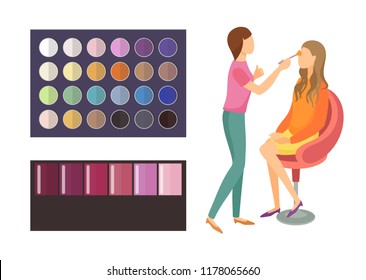Visage makeup of client woman sitting in armchair of beauty salon. Palette of eyeshadow with different shades and colors. Visagiste working set vector
