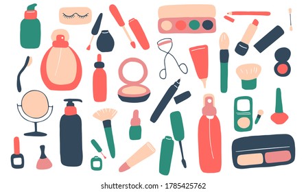 Visage set. Makeup and beauty elements. Skin Care Cosmetics and Decorations. Hand drawn doodle vector illustration
