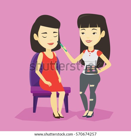 Visagiste applying makeup with a brush on woman face. Visagiste doing makeup to young asian woman. Visagiste doing makeup to a model using a brush. Vector flat design illustration. Square layout.