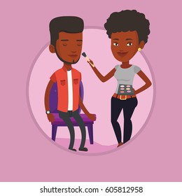 Visagiste aplicando maquillaje en la cara del hombre. Visagiste maquillando a un joven. Visagiste maquillando un modelo usando un pincel. Ilustración de diseño plana vectorial en el círculo aislado en el fondo.