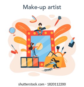 Visagiste concept. Beauty center service concept. Woman applying cosmetics on the face. Make up artist. Isolated vector illustration in cartoon style