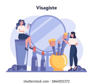 Visagiste concept. Beauty center service concept. Woman applying cosmetics on the face. Make up artist. Isolated vector illustration in cartoon style