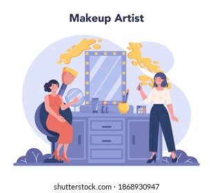 Visagiste concept. Beauty center service concept. Woman applying cosmetics on the face. Make up artist. Isolated vector illustration in cartoon style