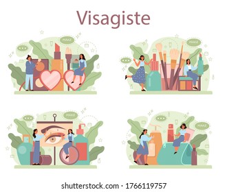 Visagiste concept set. Beauty center service concept. Woman applying cosmetics on the face. Make up artist. Isolated vector illustration in cartoon style