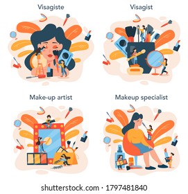 Visagiste concept set. Beauty center service concept. Woman applying cosmetics on the face. Make up artist. Isolated vector illustration in cartoon style