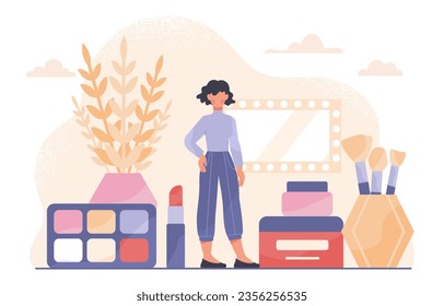 Visagiste with cosmetics concept. Woman with make up. Specialists with palette and brush, powder, cream and lipstick. BEauty, elegance and aesthetics. Cartoon flat vector illustration