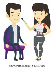 Visagiste doing makeup to asian man. Visagiste applying makeup with a brush on man face. Visagiste doing makeup to a model using a brush. Vector flat design illustration isolated on white background.
