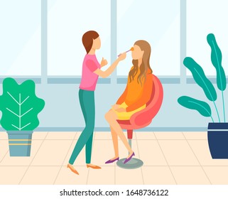 Visagiste doing makeup to woman sitting in chair, houseplant in studio. Maquillage to female, professional holding brush, beauty salon, glamour vector