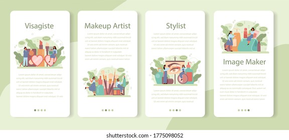 Visagiste mobile application banner set. Beauty center service concept. Woman applying cosmetics on the face. Make up artist. Isolated vector illustration in cartoon style