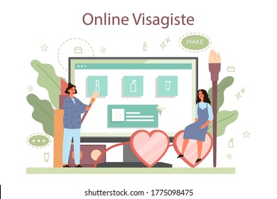 Visagiste online service or platform. Beauty center service. Woman applying cosmetics on the face. Online visagiste. Isolated vector illustration