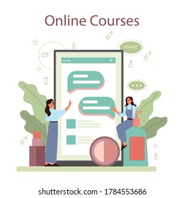 Visagiste online service or platform. Beauty center service. Woman applying cosmetics on the face. Online course. Isolated vector illustration