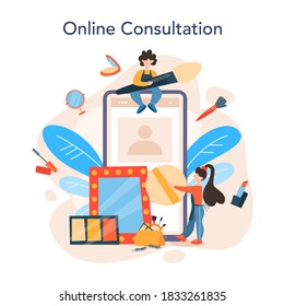 Visagiste online service or platform. Beauty center service concept. Woman applying cosmetics on the face. Online consultation. Isolated vector illustration