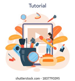 Visagiste online service or platform. Beauty center service concept. Woman applying cosmetics on the face. Online tutorial. Isolated vector illustration