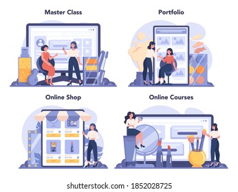 Visagiste online service or platform set. Beauty center service concept. Woman applying cosmetics on the face. Online shop, portfolio, appointment, master class. Isolated vector illustration
