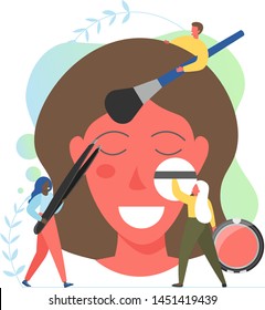 Visagiste services, vector flat illustration. Tlny characters professional makeup artists applying make-up on woman face, tweezing eyebrows. Beauty salon, parlor concept for web banner, website page.
