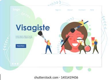 Visagiste vector website template, web page and landing page design for website and mobile site development. Tiny characters professional makeup artists applying make-up on woman face. Beauty salon.
