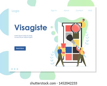 Visagiste vector website template, web page and landing page design for website and mobile site development. Big eyeshadow palette and tiny characters makeup artists. Beauty and makeup course, class.