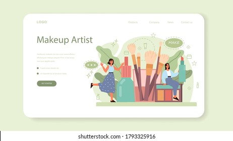 Visagiste web banner or landing page. Beauty center service concept. Woman applying cosmetics on the face. Make up artist. Isolated vector illustration in cartoon style