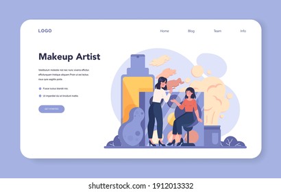 Visagiste web banner or landing page. Beauty center service concept. Woman applying cosmetics on the face. Make up artist. Isolated vector illustration in cartoon style