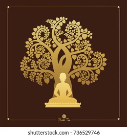 Visakha Puja Day, Buddha statue and Golden Bodhi tree (Sacred tree, Ficus religiosa L.) is a symbol that uses Buddhism. vector illustration.