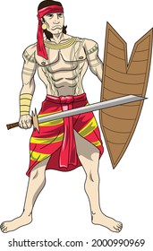 A Visayan warrior or a Timawa. The feudal warrior class of the ancient Visayan societies of the Philippines. Cartoon style drawing.