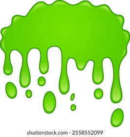 Viscous bright green goo is slowly dripping down, forming a playful array of irregular blobs and drops, creating a sticky, vibrant visual that captures attention and sparks imagination